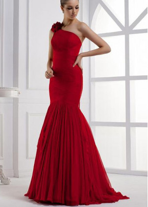 One Shoulder Beaded Red Chiffon Chic Evening Dress